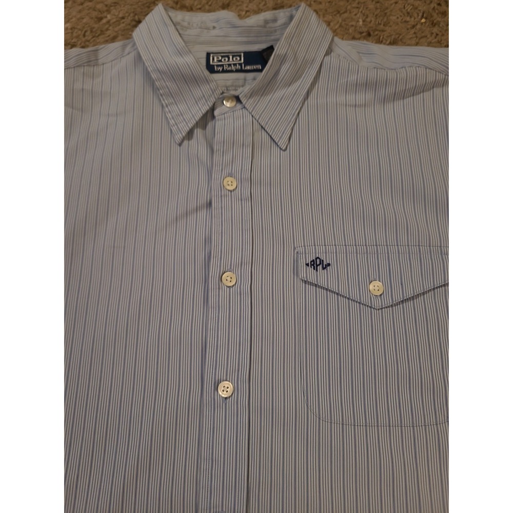 Vntg Polo Ralph Lauren Button Up Shirt XL Blue Striped RPL Monogram Pocket Flap